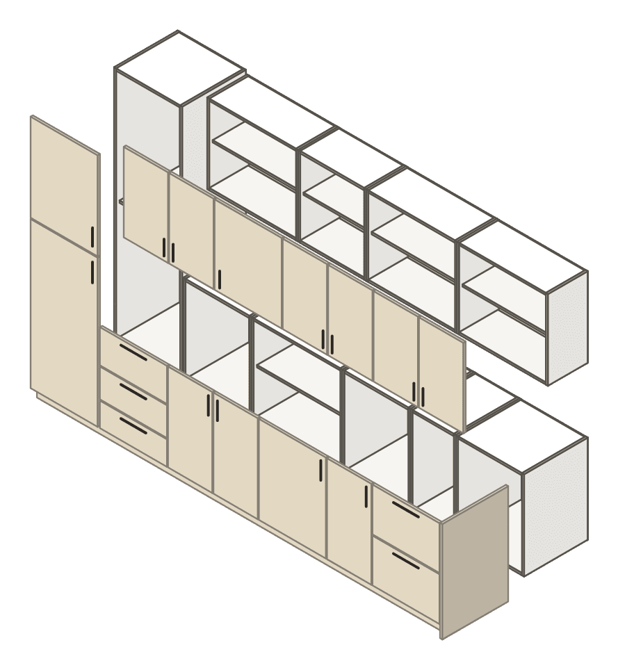 Illustration : des caissons IKEA blancs, et devant eux les façades, le panneau de finition et la plinthe qui viennent s’y monter